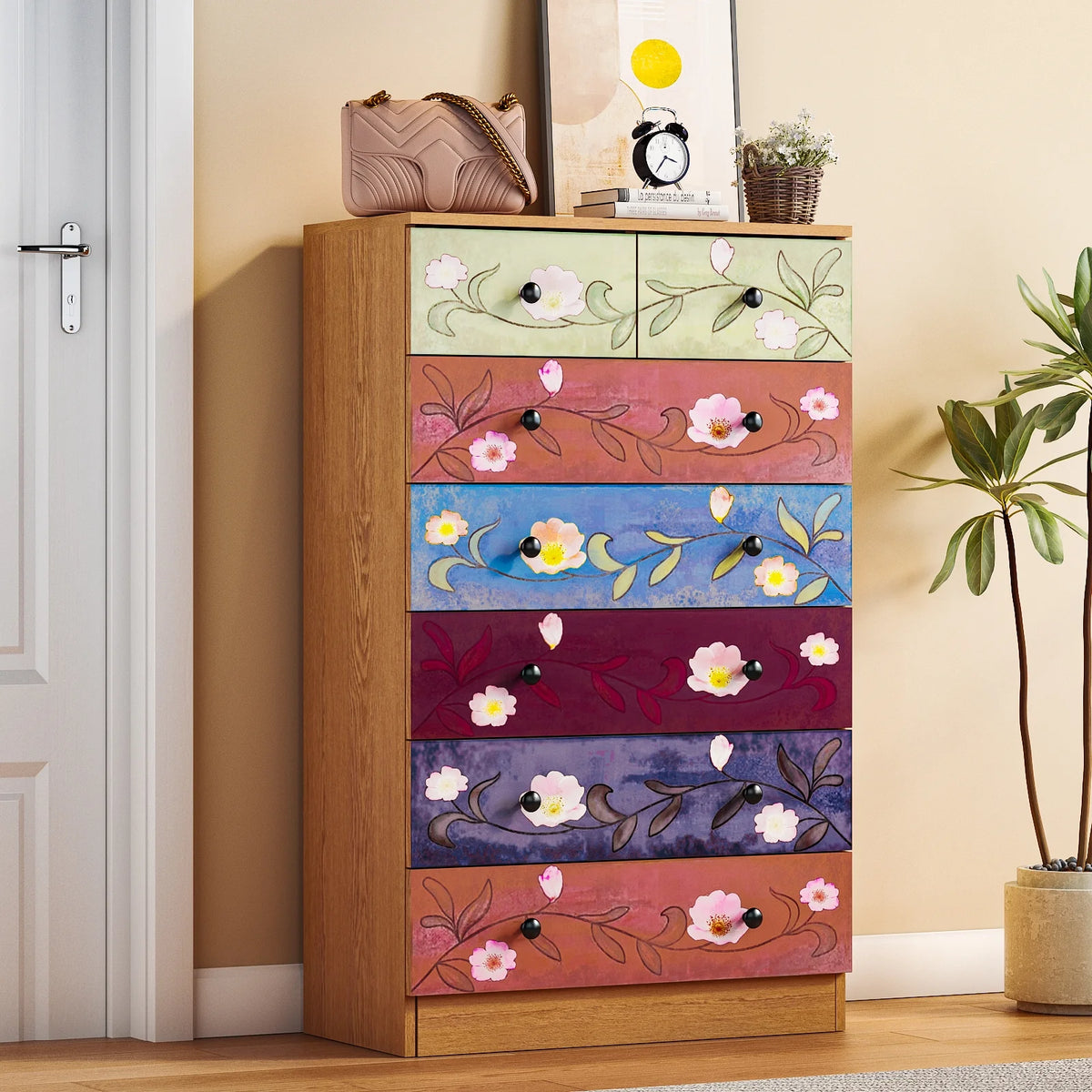Ktaxon Wood 6-Drawer Dresser Organizer for Bedroom Storage Tower for Entryway Hallway Closet, Tall Chest Organizer Unit with Wood Bins, Floral Painted Wooden