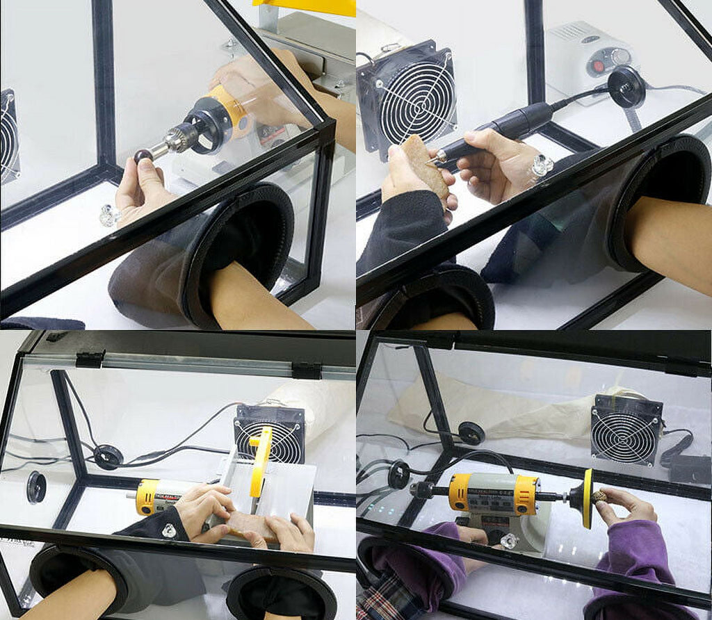 220V Electric 2 Holes Enclosed Grinding Table Polisher Acrylic Dust Box Cover , 3mm LED Light with Fan