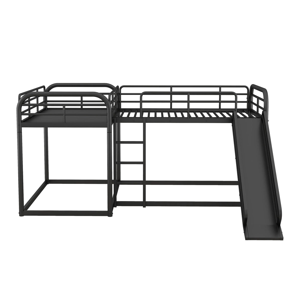 Full and Twin Size L-Shaped Quadruple Metal Bunk Bed with Slide for Kids, Black
