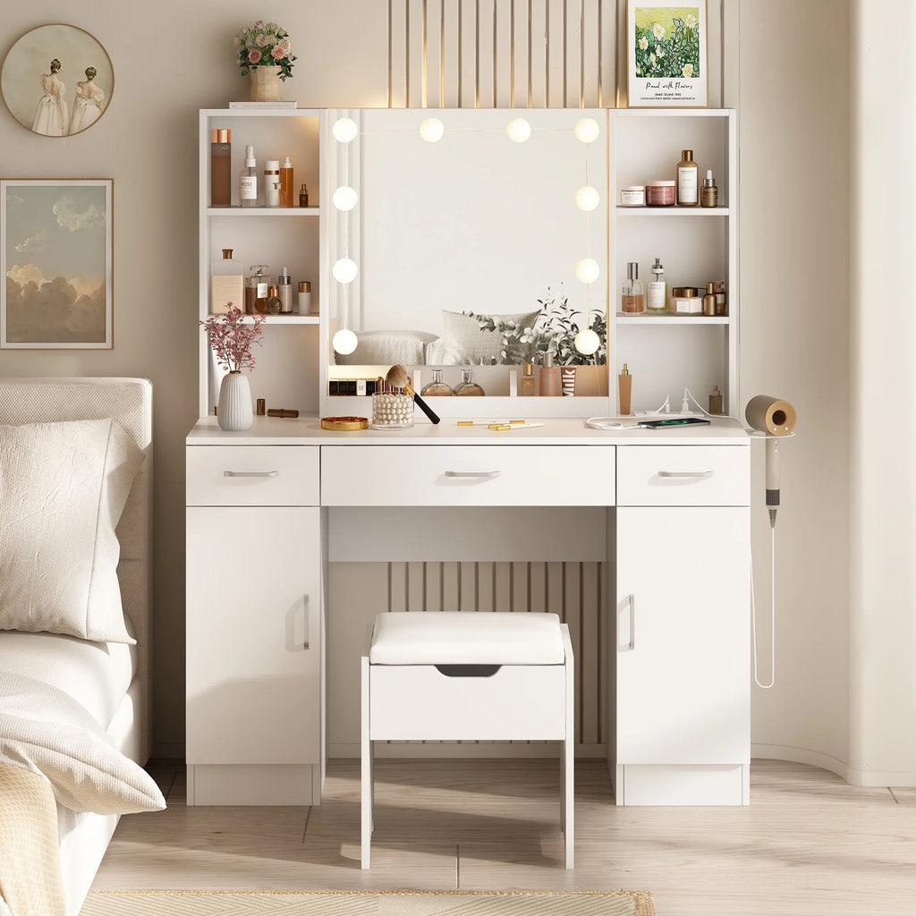 VEANERWOOD Large Makeup Vanity Set with Light Modern Makeup Vanity Table with Storage and Adjustable Lighting Colors for Bedroom 45.2in, White