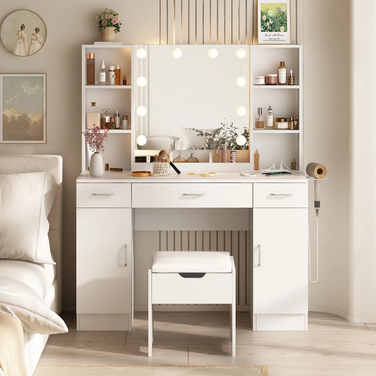 VEANERWOOD Large Makeup Vanity Set with Light Modern Makeup Vanity Table with Storage and Adjustable Lighting Colors for Bedroom 45.2in, White
