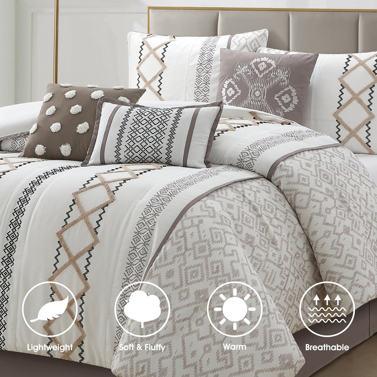 Lanco Luxury 7 Piece Cozy Boho Comforter Set Queen Beige Embroidered Girls Bedding, Premium Microfiber, All Season Home Décor