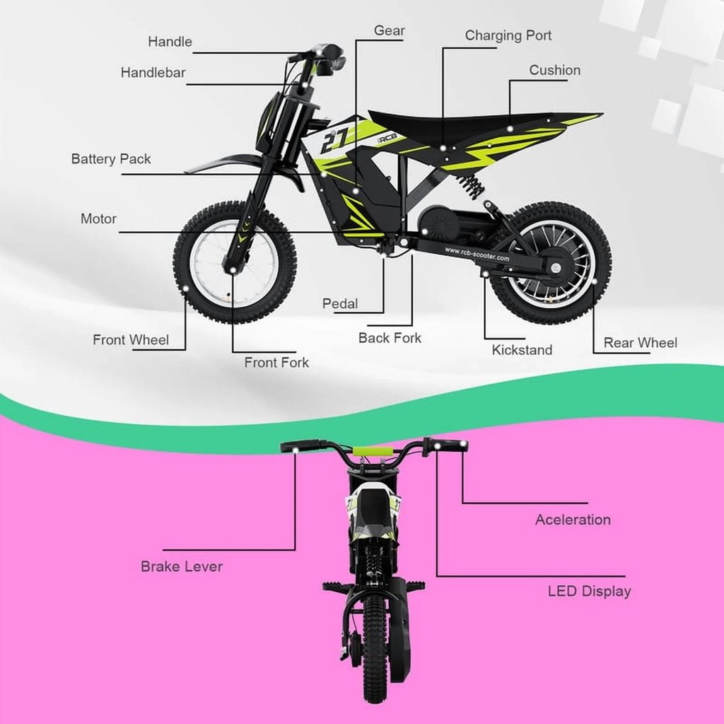 RCB Electric Dirt Bike,36V&300W&10Miles,3 Speed Modes Motocross for Kids Ages 3-12 Red