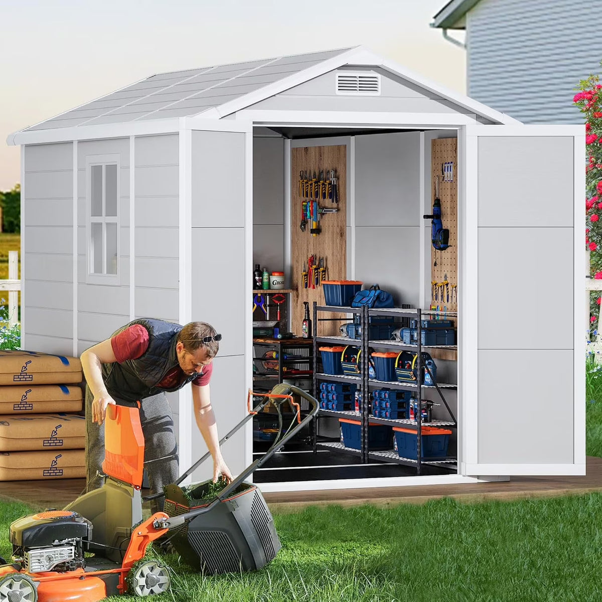 9 x 5.8 FT Outdoor Storage Shed, Linor Resin Shed with Floor, Window, and Vents, Weather-Resistant Garden Shed for Garden Tool Outside Sheds, Bike Shed, Backyard Shed