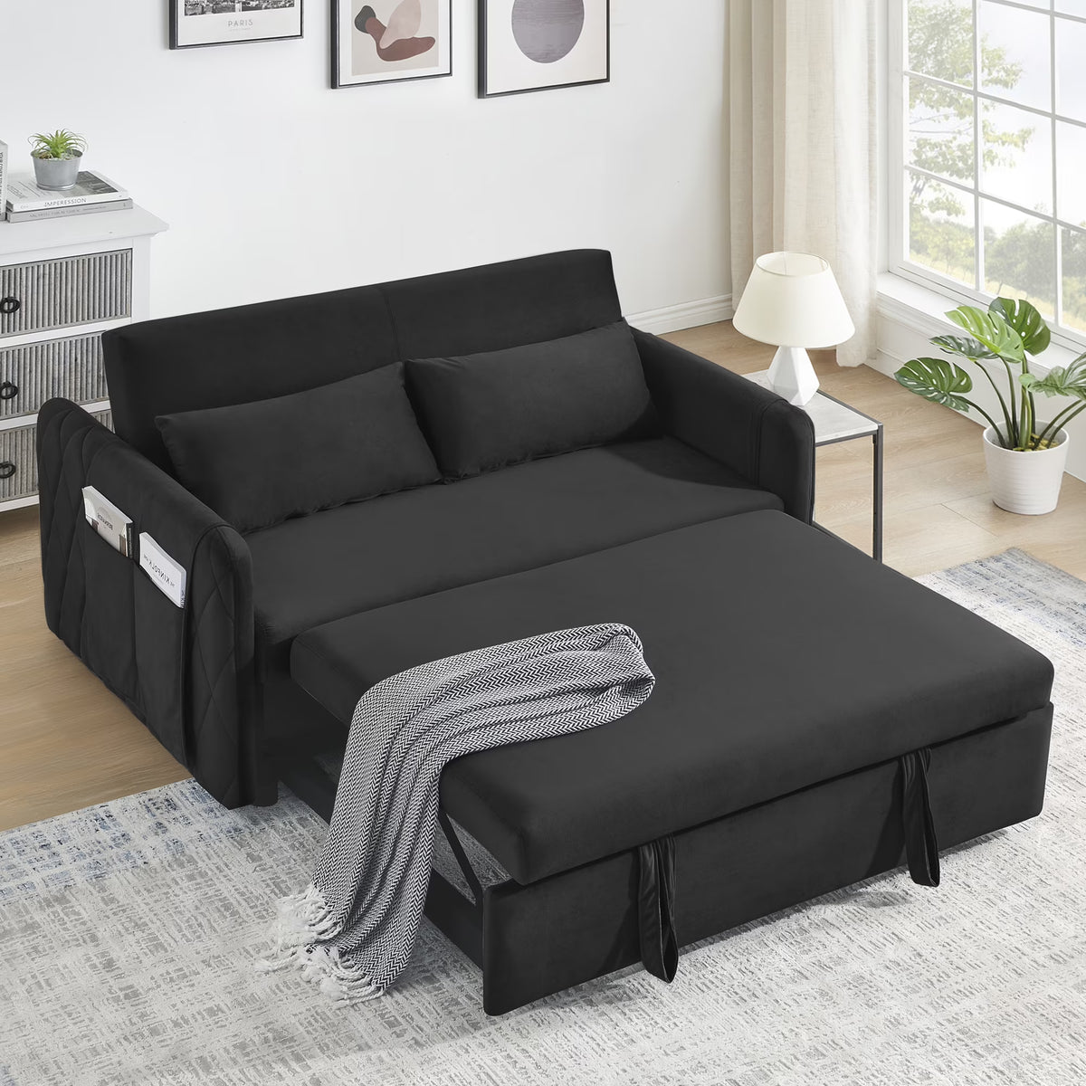 Convertible Sofa Bed,3 in 1 Sleeper Sofa with 2 Pillows and Adjustable Backrest for Living Room Office,Black