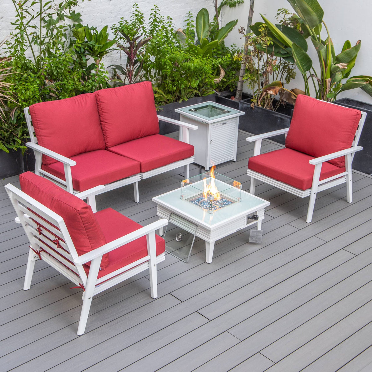 LeisureMod Walbrooke Modern Aluminum 5-Piece Patio Conversation Set with Outdoor Square Fire Pit Table with Slats Design & Side Table Tank Holder (Green)