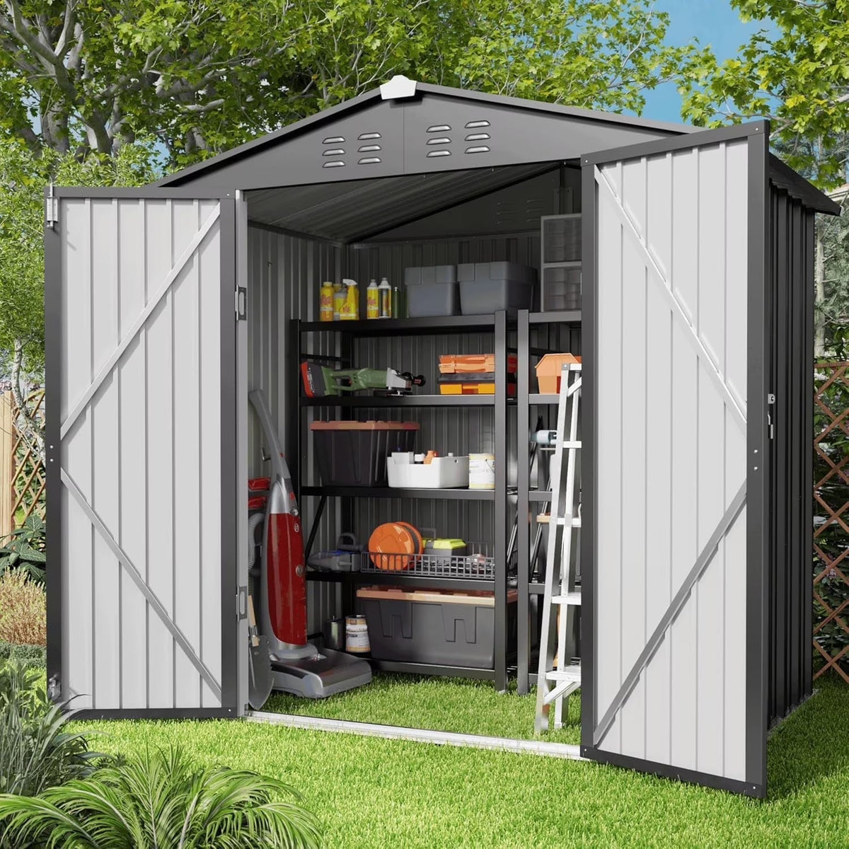 Lofka 6 x 4 FT Galvanized  Metal Outdoor Storage Shed with Double Lockable Doors and Air Vents for Patio, Garden, Backyard, Lawn, Dark Gray