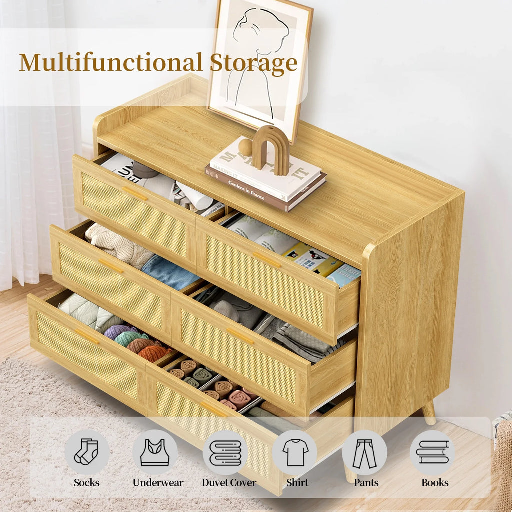 Capri 3 Drawer Dresser, Rattan Storage Wide Chest of Drawers, Night Stand Storage Cabinet for Women, Kids, Baby, Nursery, Girls, Bedroom Living Room Furniture, Natural