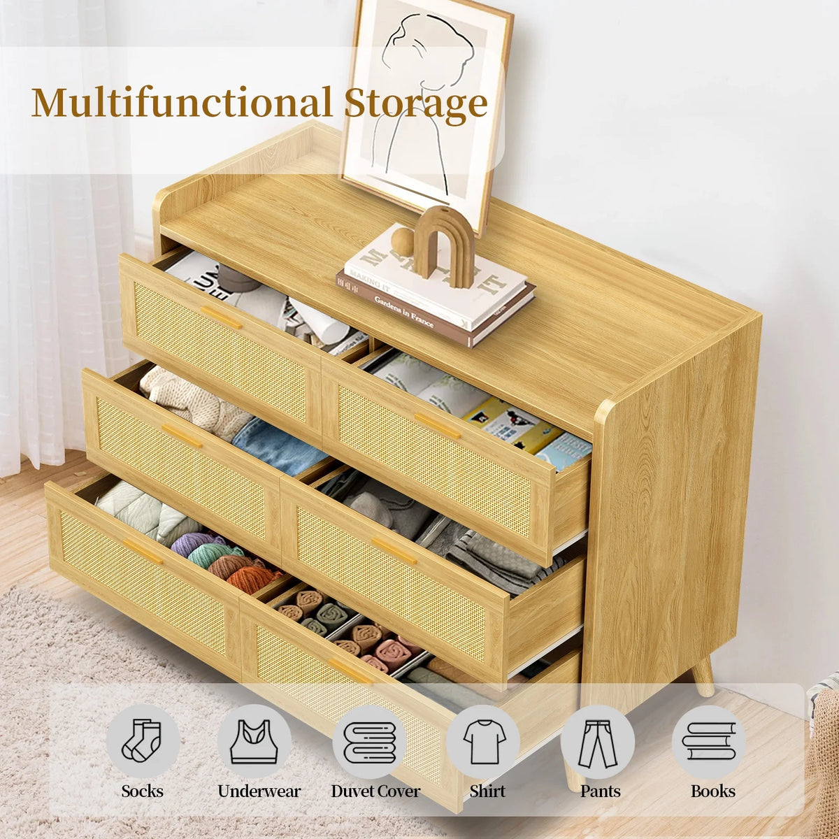 Capri 3 Drawer Dresser, Rattan Storage Wide Chest of Drawers, Night Stand Storage Cabinet for Women, Kids, Baby, Nursery, Girls, Bedroom Living Room Furniture, Natural