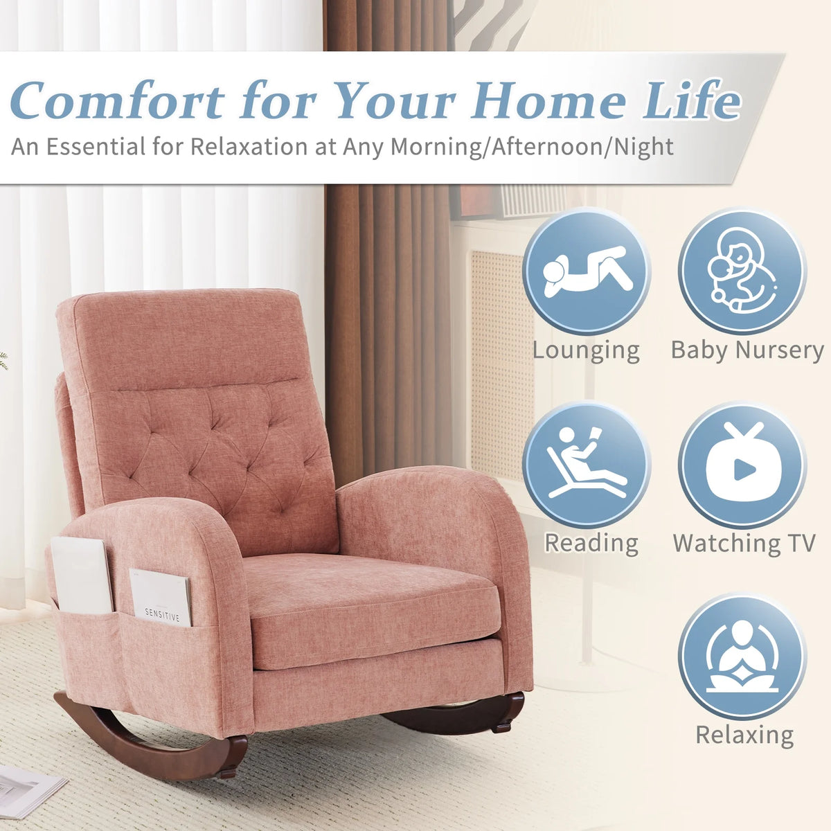 Ktaxon Rocking Accent Chair Glider Reading Chair Comfy Teddy Velvet Upholstered Single Sofa Rocker for Living Room, Nursery, Bedroom Beige