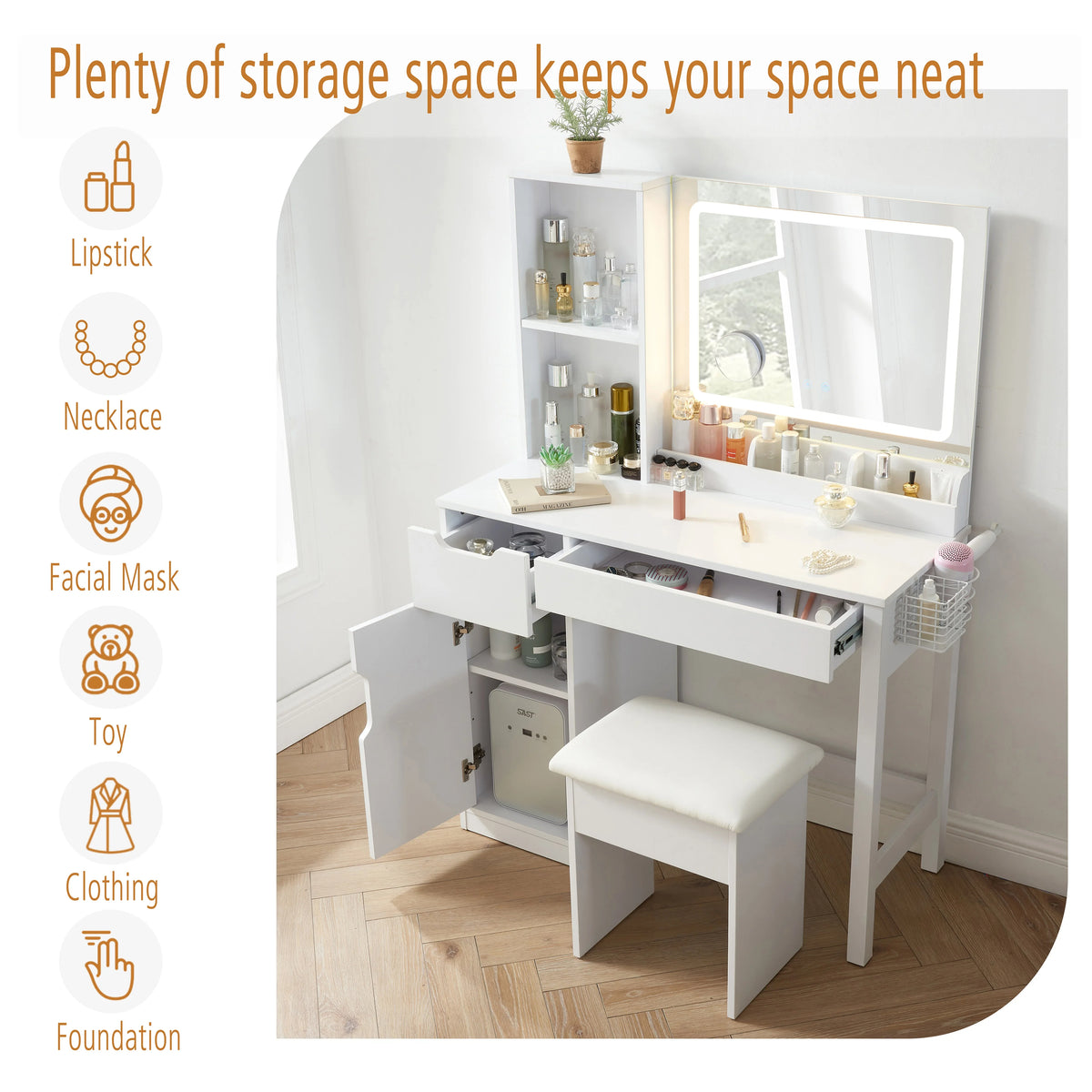Mainstays Get Ready with Me GRWM Deluxe 2-Piece Vanity and Stool with Lighted Mirror and USB Power, White Finish