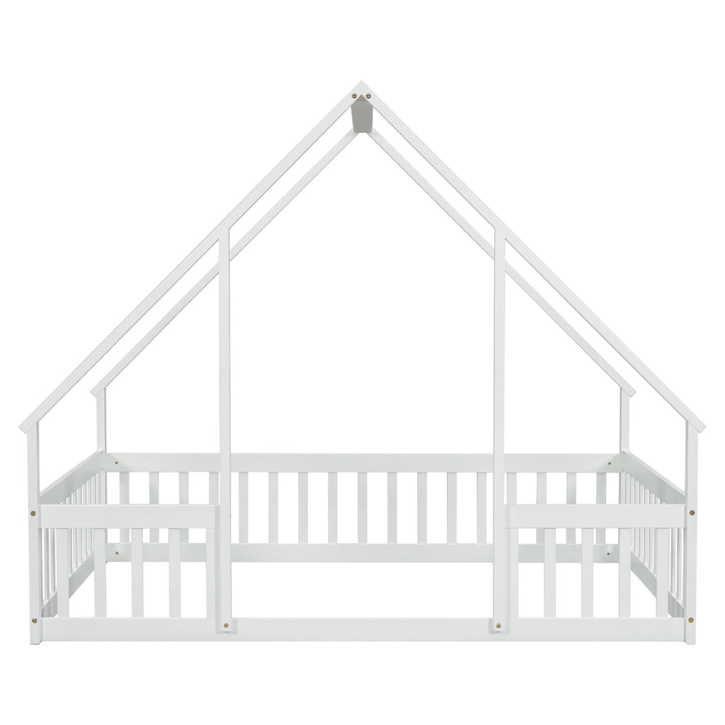 Bellemave Twin Size Floor Bed Frame, Wooden House Bed Twin Size with Fence, Montessori Bed with Guardrails for Bedroom (White)