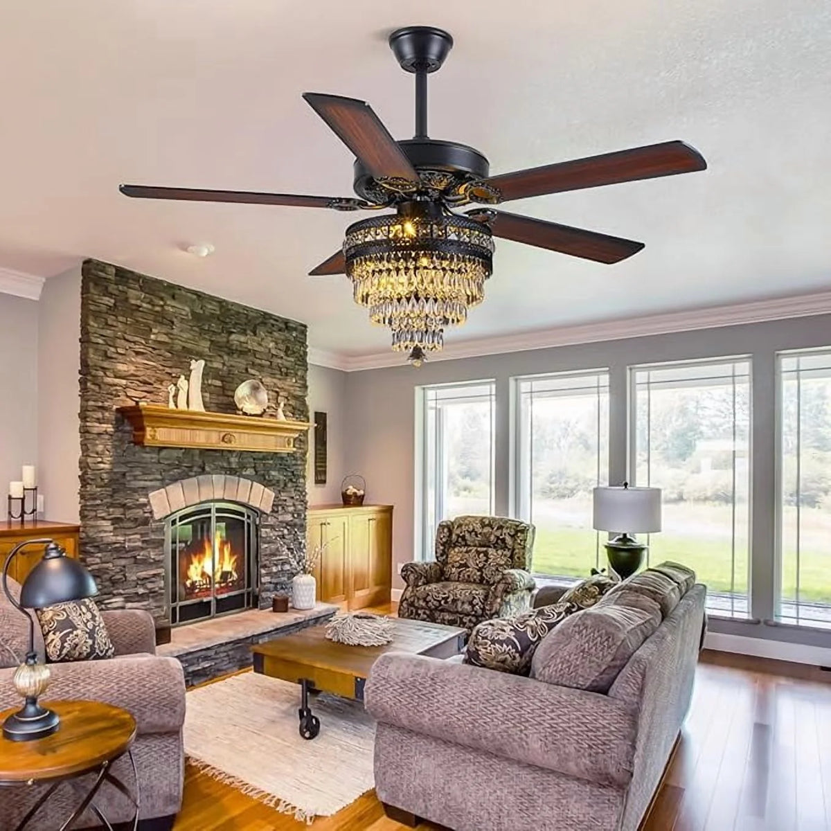 YIOSI 52" Crystal Ceiling Fan Fandelier with Remote Control, Modern Chrome Chandelier Ceiling Fan, Whisper-Quiet Motor, Reversible Blades, LED Lighting, Energy-Efficient, Elegant Living Room Fan