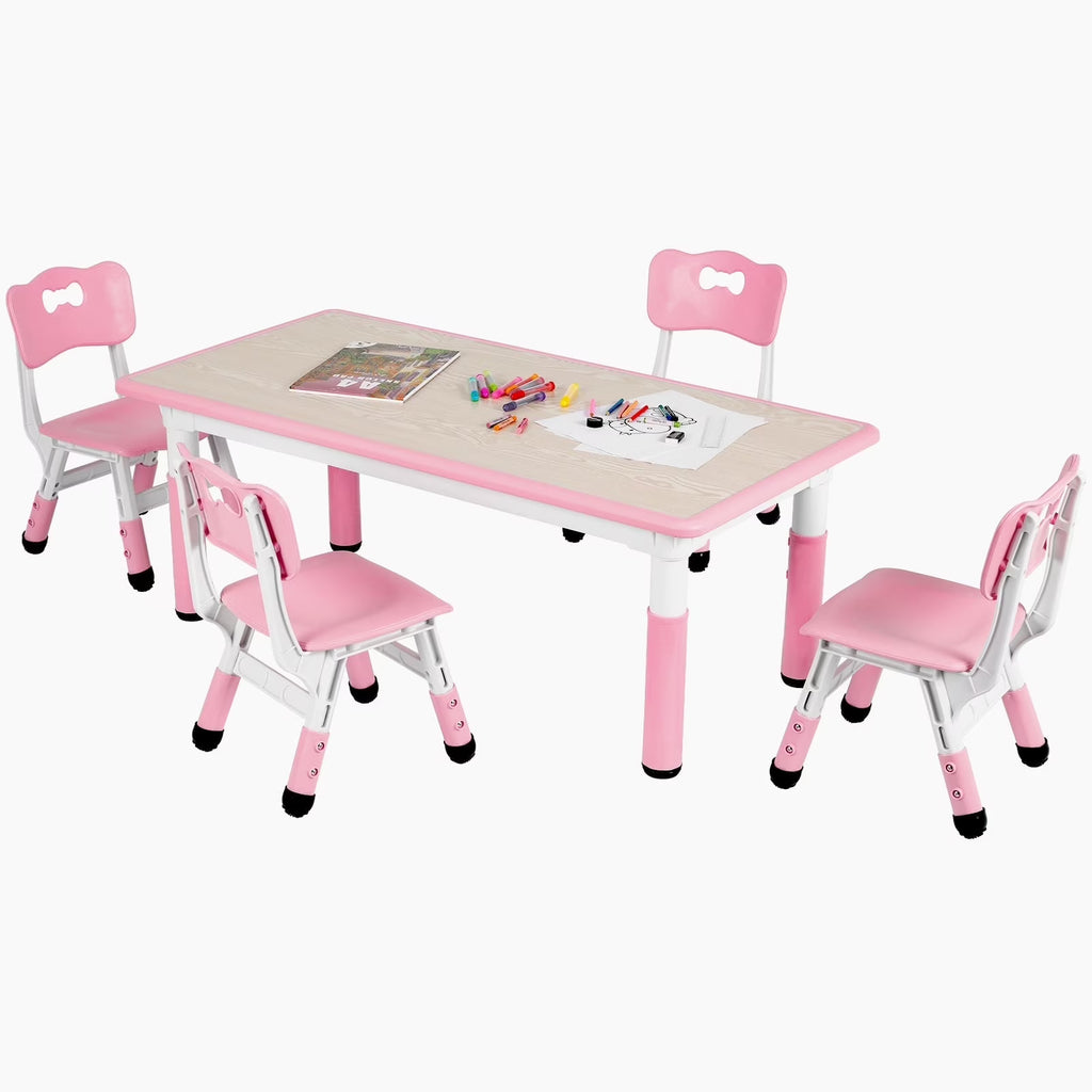 LAZY BUDDY Kids Table and 4 Chairs Set, Height Adjustable Toddler Desk with Graffiti Desktop, Kids Activity Table Set for Daycare, Home