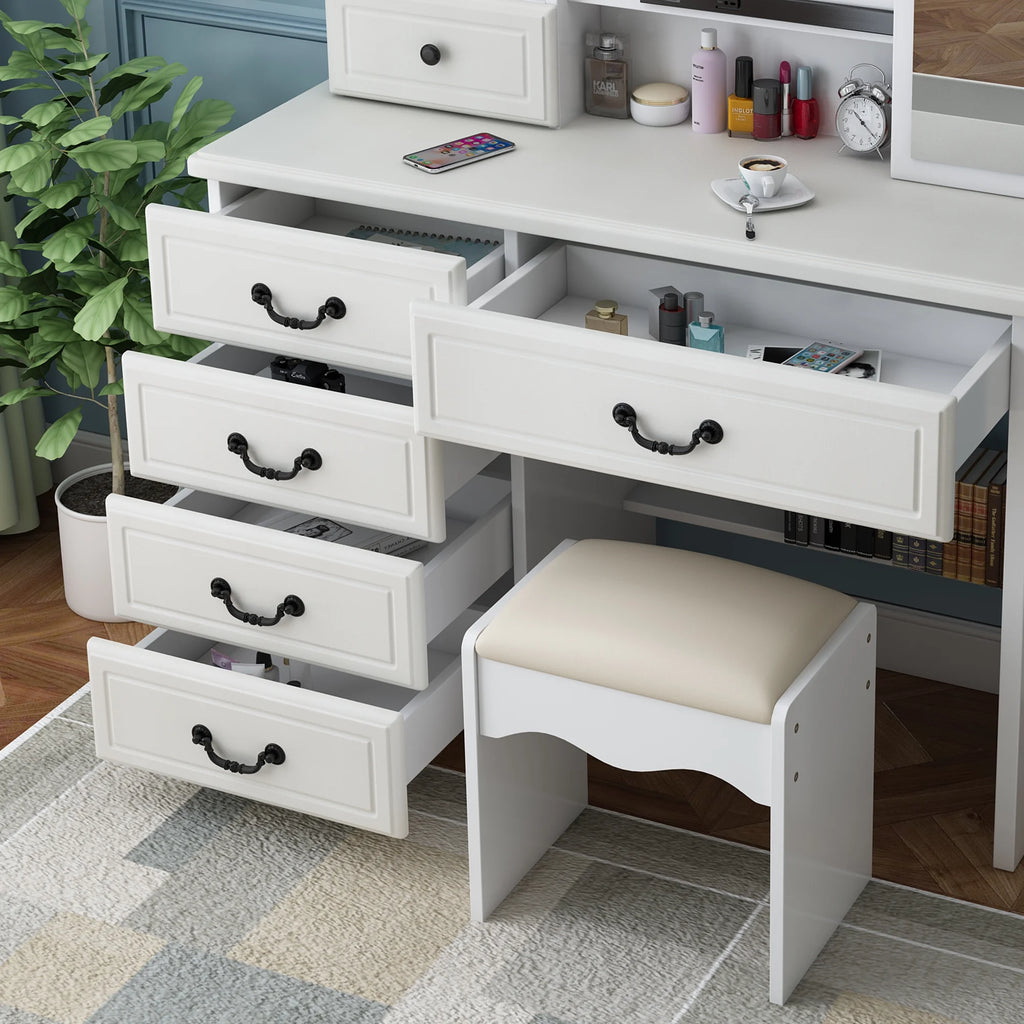 Montary Modern Mini Vanity w/Adjustable LED Mirror + Hidden Storage, Padded Stool & Dustproof Shelves (White)