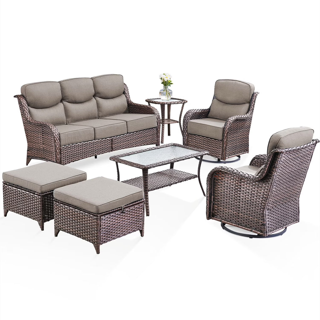 Bellefurn Luxury Outdoor Patio Furniture Set,Swivel Rocker Patio Chairs with 6-inch Thick Cushion,Patio Sofa and Glass Coffee Table,Outdoor Conversation Set for Porch, Deck, Yard