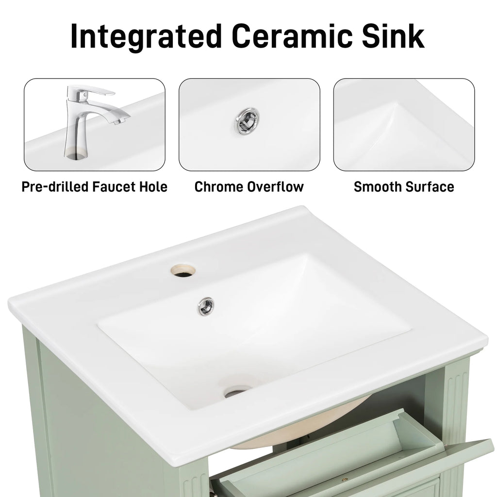 Euroco 20" Bathroom Vanity with Integrated Ceramic Sink, Soft-Close Hinges and Drawer Storage, Solid Wood Legs