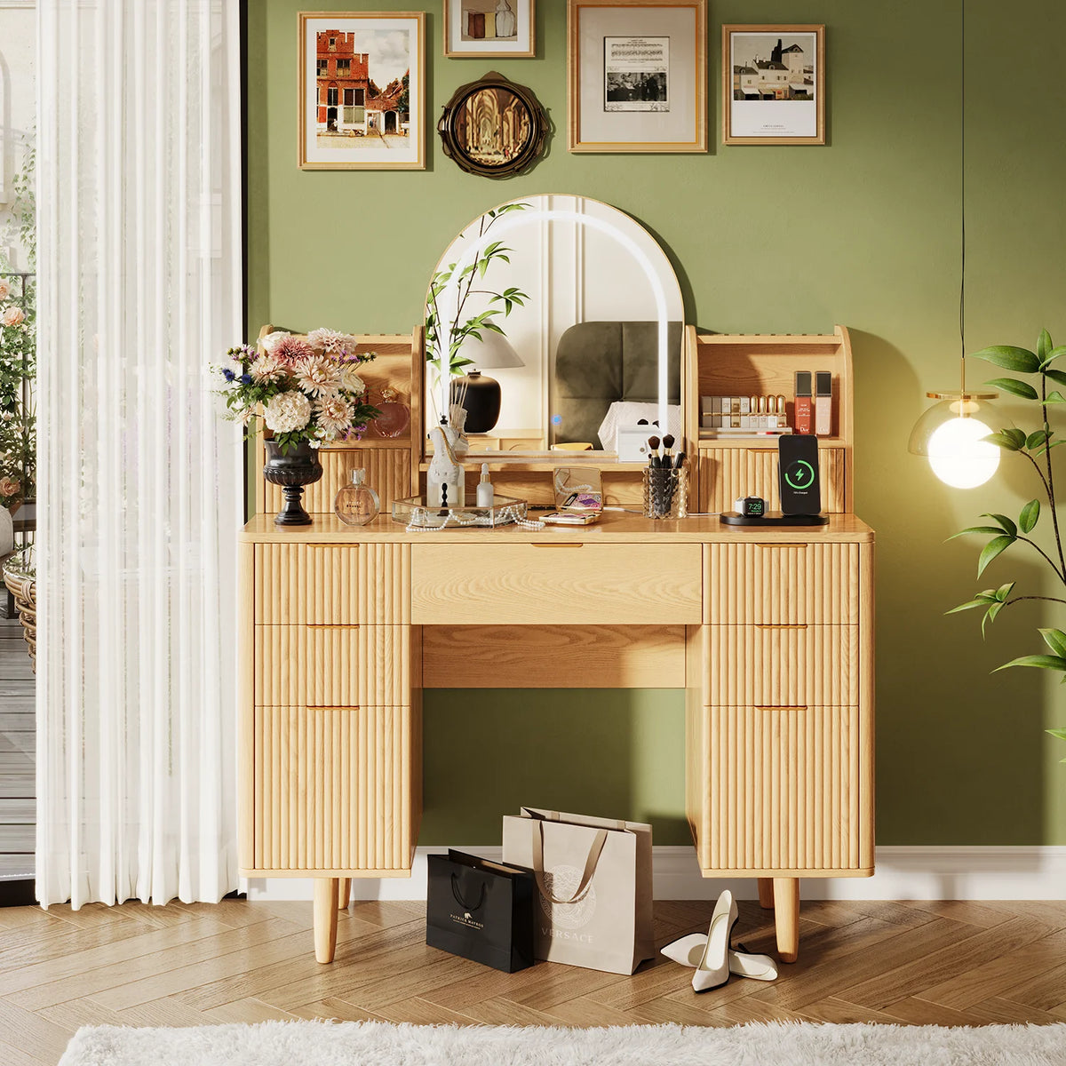 UGTOO 45.2" Modern Vanity Desk with LED Mirror & USB Charging, Wood Makeup Dressing Table with 7 Drawers for Bedroom