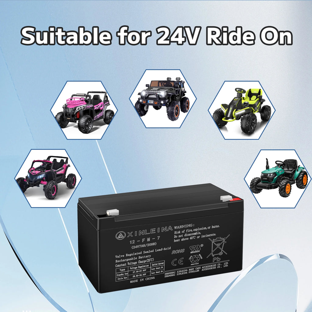 24V 7Ah Rechargeable Sealed Lead Acid Battery - Suitable for Most Kids Ride on Car - Battery Accessories