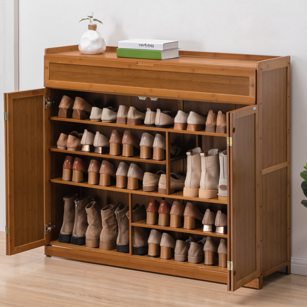 Magshion Bamboo 6 Tier 30 Pairs Shoe Organizer Cabinet with Folding Door Compartment Heels Boots, Brown, for Home