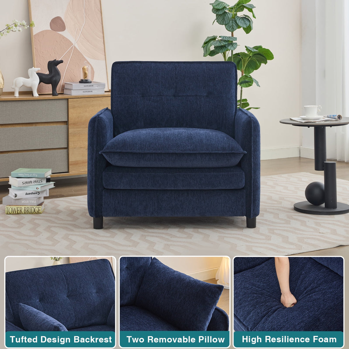 Aemeios Upholstered Chenille OversizedAccent Armchairs with Ottoman and Side Pocket, Cream