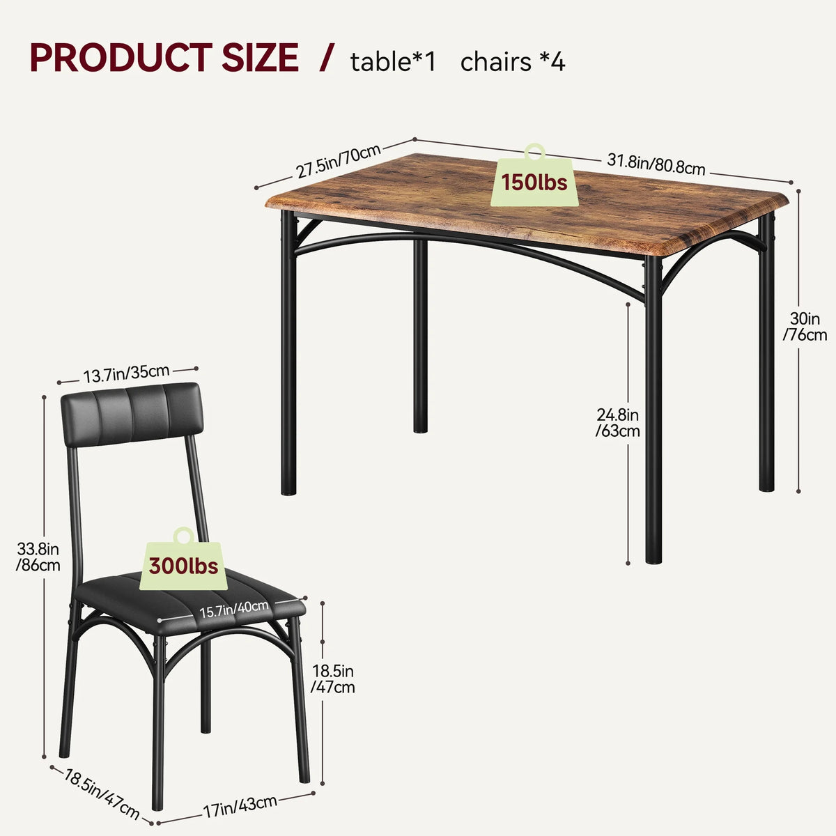 Zzistar 5 Piece Dining Table and Chairs Set, Wood Rectangular Dining Table with 4 Upholstered Chairs