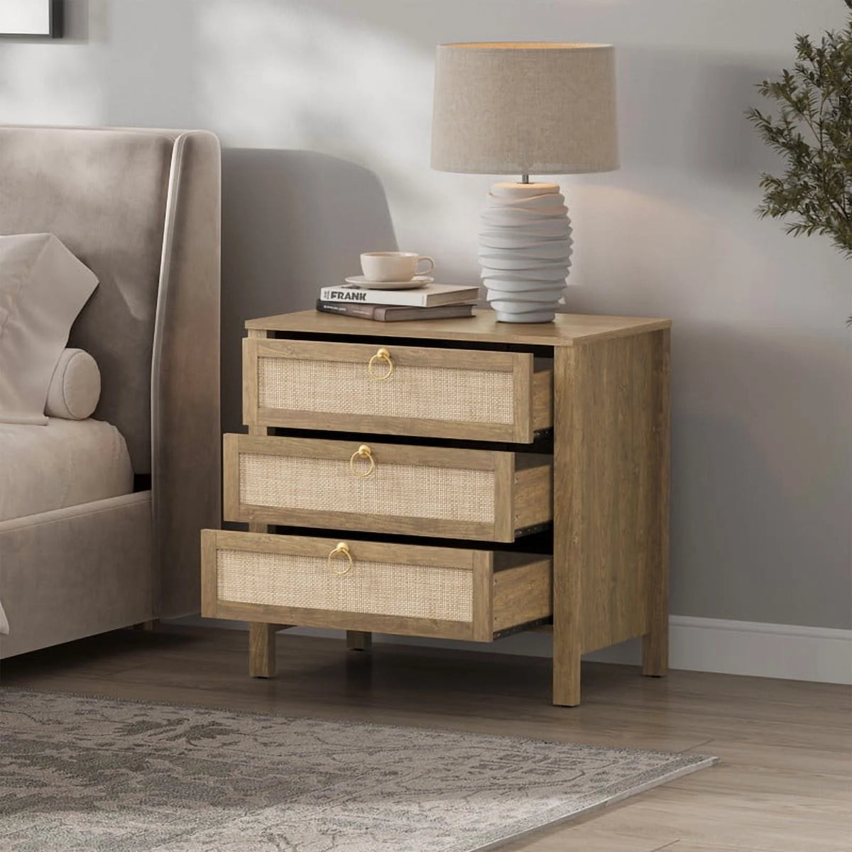 Surmoby Oak Boho 3-Drawer Nightstand Set of 2 - Extra Wide Storage Night Stand with Gold Handles Large&Tall Bed Side Table for Bedroom Living Room Enterway