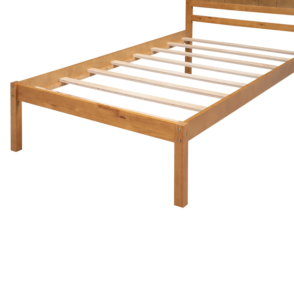 Euroco Twin Platform Bed, Modern Wood Frame Bed with Headboard and Slats for Kids Room, Oak