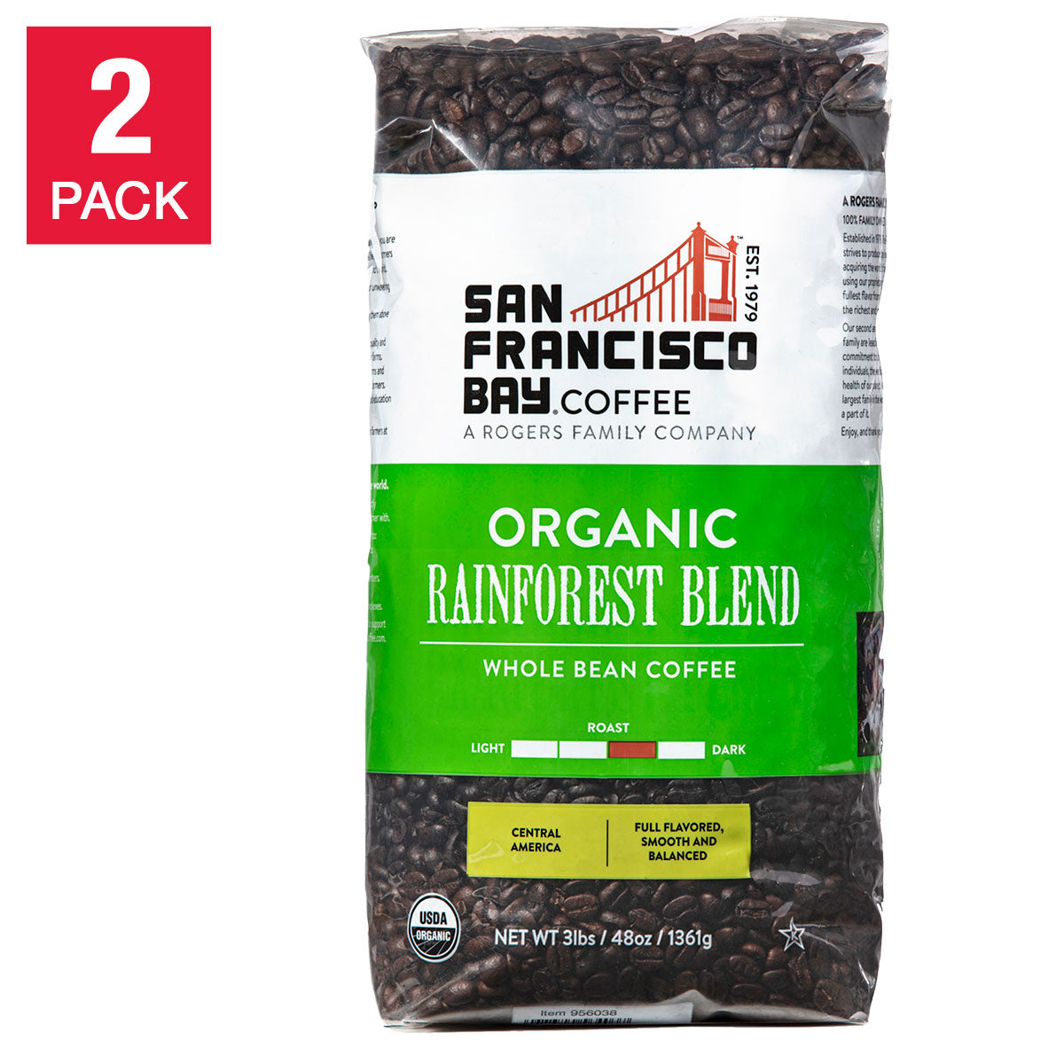 San Francisco Bay Organic Rainforest Blend Whole Bean Coffee 3 lbs, 2-pack