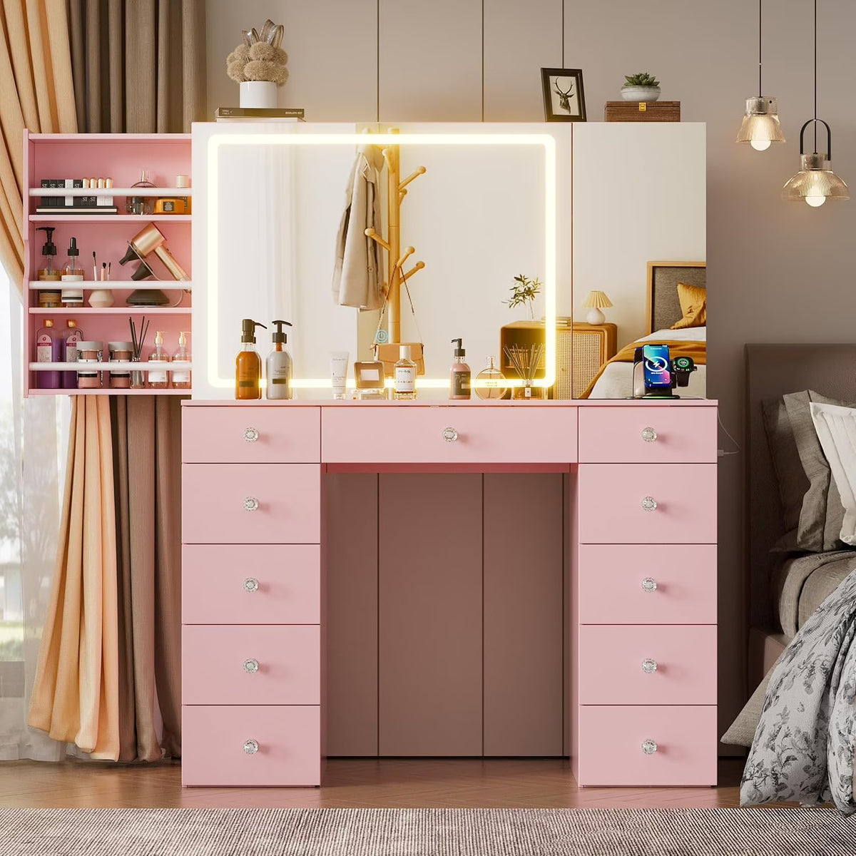 PAKASEPT Vanity Set with Lighted Mirror, Large Vanity Desk with Charging Station, Makeup Vanity Table with 11 Drawers & Hidden Sliding Storage Cabinet & Visible Glass Tabletop for Bedroom (White)