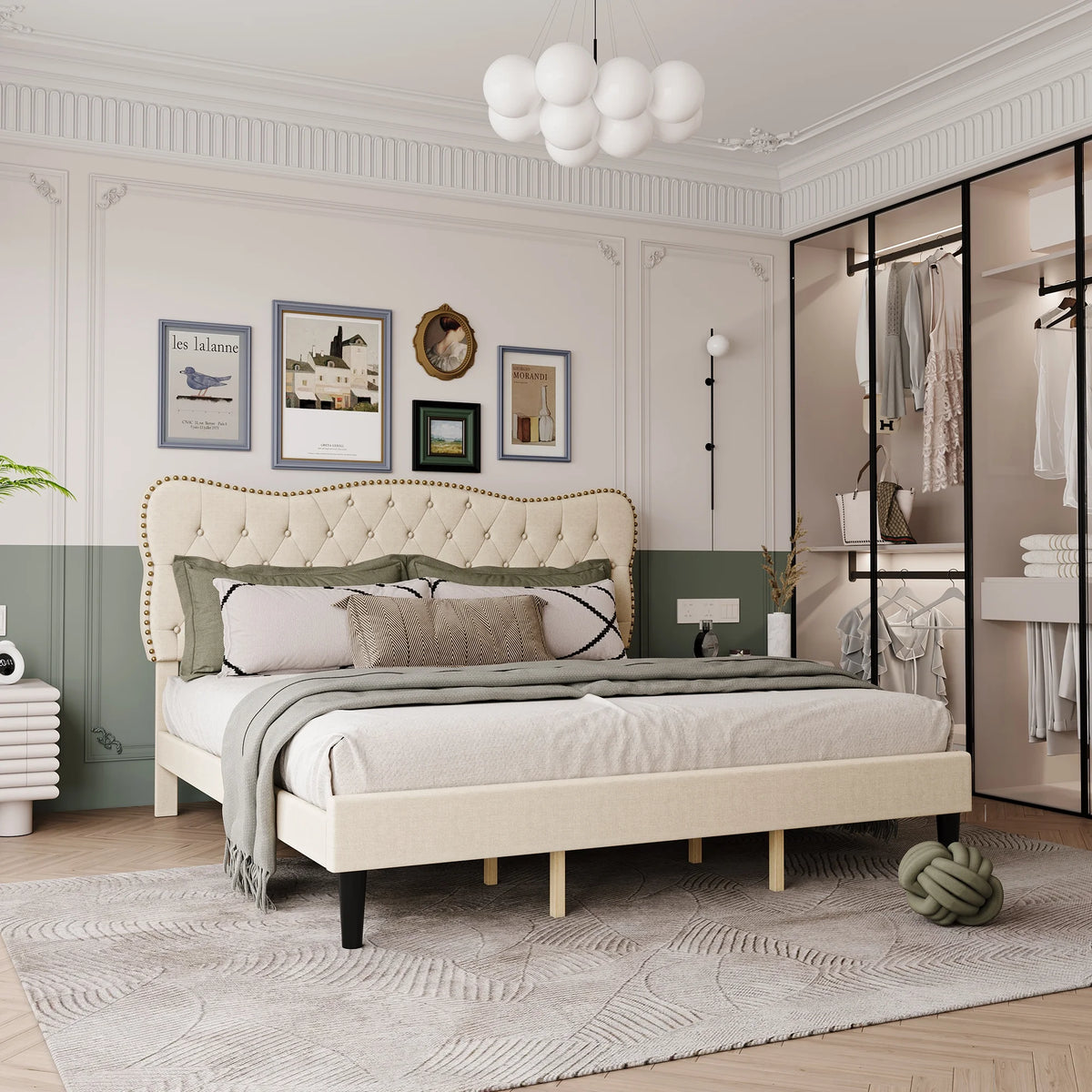 Homhougo King Size Bed Frame Upholstered Platform, Bed Frame with Square Velvet Headboard, Wooden Slats Support, Non-Slip and Noise-Free, No Box Spring Needed, Easy Assembly(Light Gray)