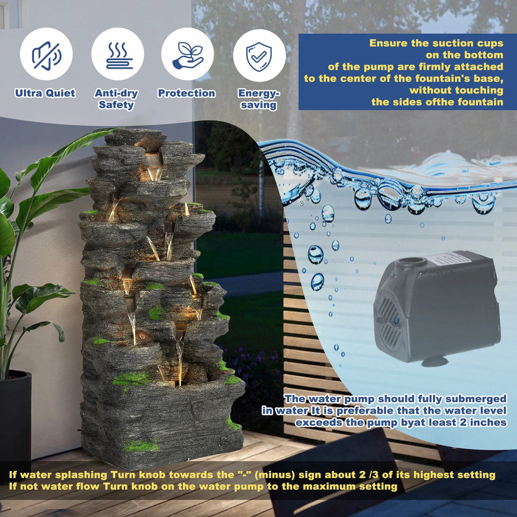 Haverchair 7 Tier Cascading Rock Outdoor Water Fountain, Garden Freestanding Rockery Natural Waterfall Fountains Outdoor with LED Light, Soothing Tranquility Fountains for Home Garden Yard, 24"H