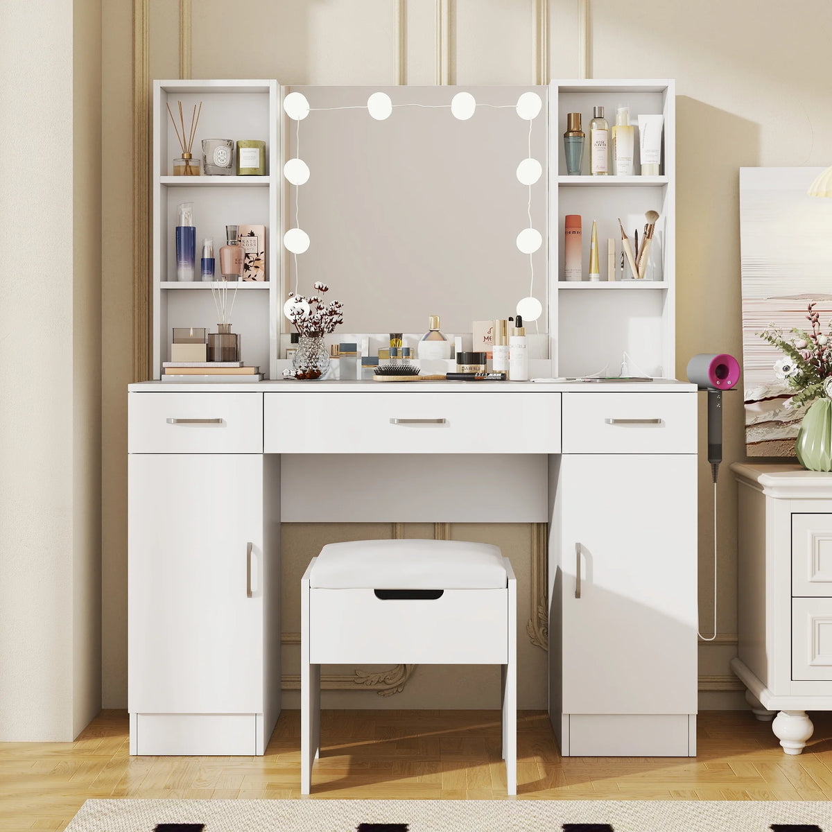 VEANERWOOD Large Makeup Vanity Set with Light Modern Makeup Vanity Table with Storage and Adjustable Lighting Colors for Bedroom 45.2in, White