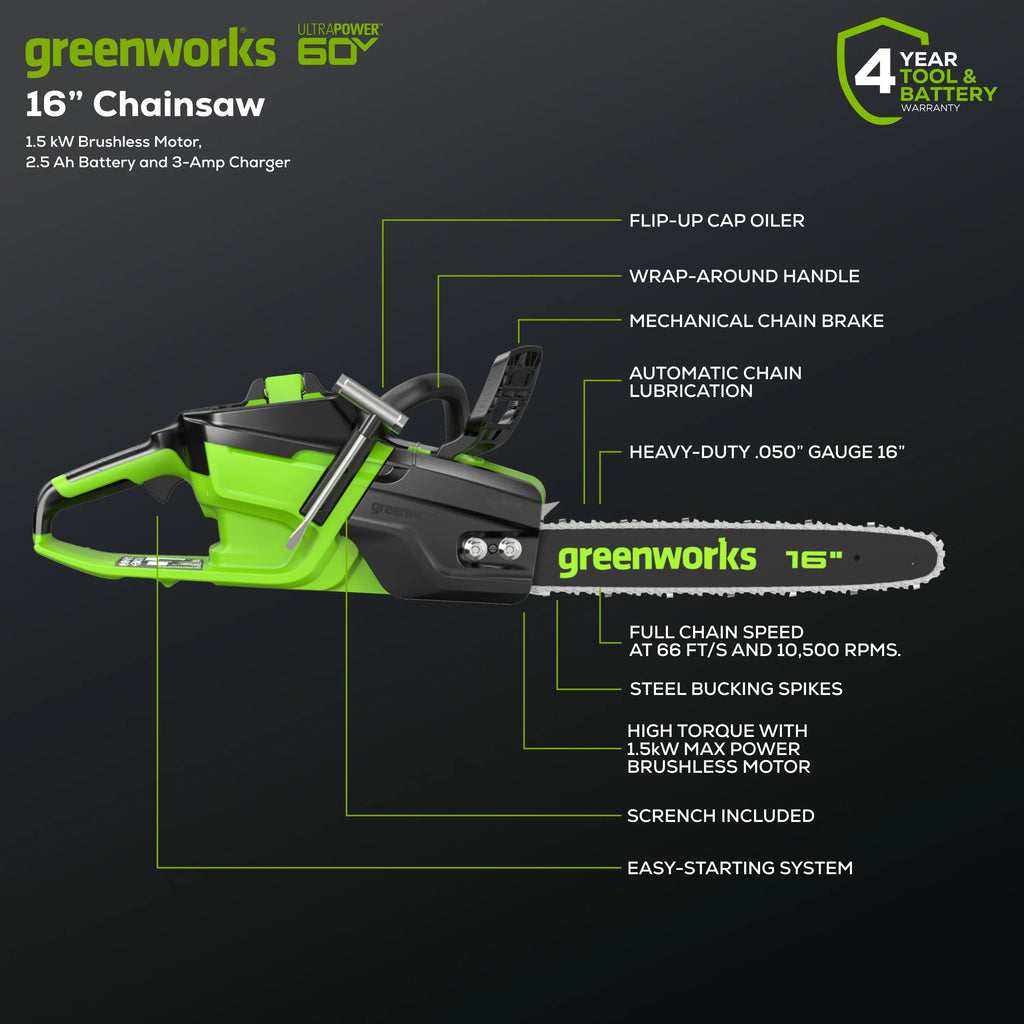 Greenworks 60V 16" 1.5kW Brushless Chainsaw with 2.5 Ah Battery & 3 Amp Charger 2028602