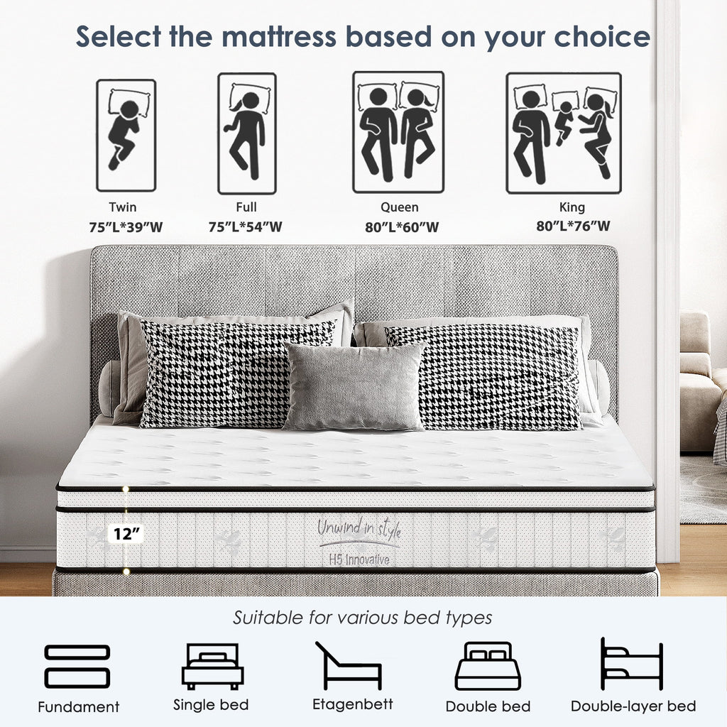 12 Inch Hybrid Queen Mattress - Medium Firm Support, Pocket Coils & Pressure Relief, Hypoallergenic Bed-in-a-Box