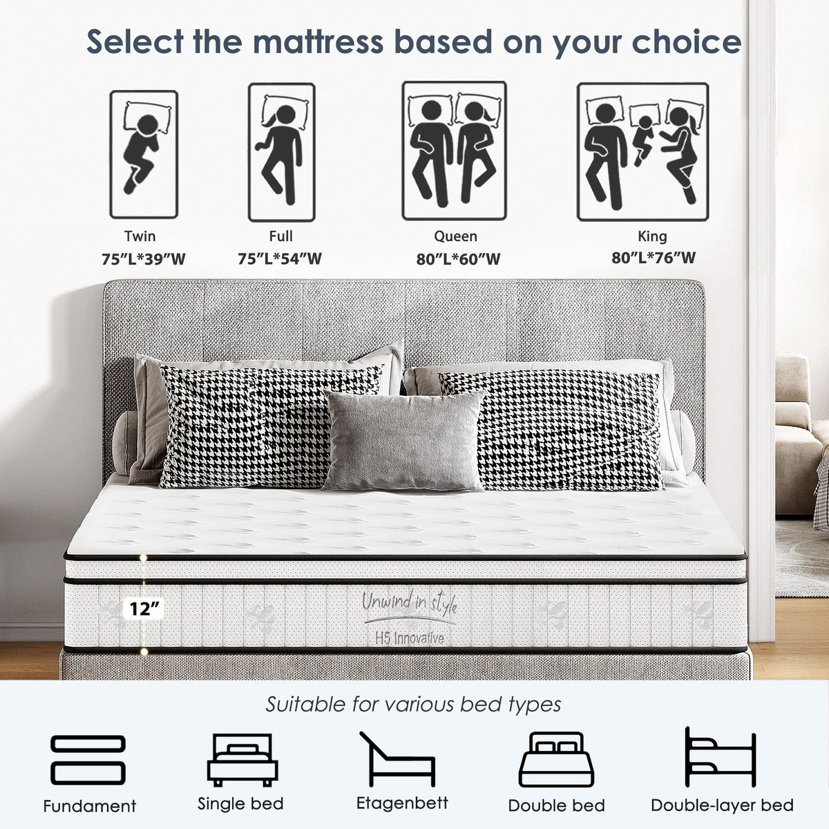 12 Inch Hybrid Queen Mattress - Medium Firm Support, Pocket Coils & Pressure Relief, Hypoallergenic Bed-in-a-Box