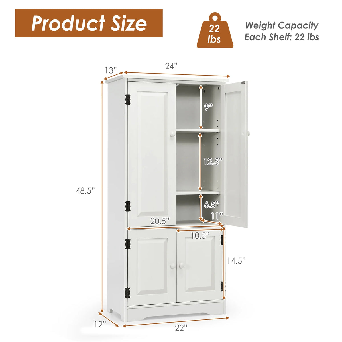 Costway Accent Floor Storage Cabinet W/ Adjustable Shelves Antique 2-Door Cream White