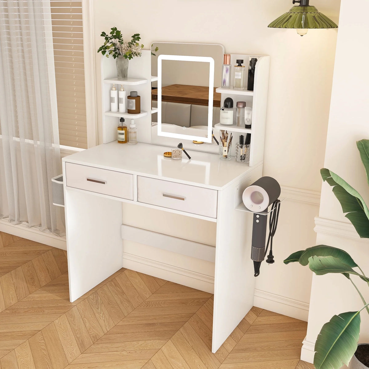 Montary Modern Mini Vanity w/Adjustable LED Mirror + Hidden Storage, Padded Stool & Dustproof Shelves (White)