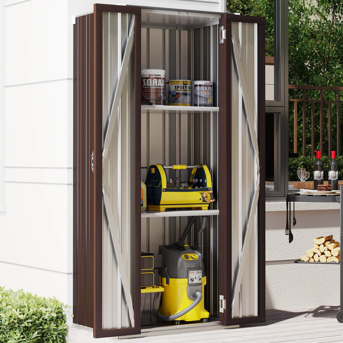 AECOJOY Outdoor Storage Cabinet Waterproof with Adjustable Shelves, Lockable Metal Outdoor Garden Storage Sheds Organizer in Brown, Versatile for Garage, Backyard, or Indoor Use