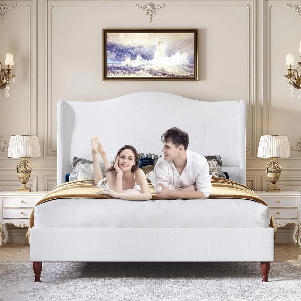 Neche Queen Upholstered Bed Frame with 51" Tall Headboard Classic Curved Wingback Platform Bed with Soft Fabric, Retro Simple Sleigh Bedframe No Box Spring Needed/Easy Assembly, White