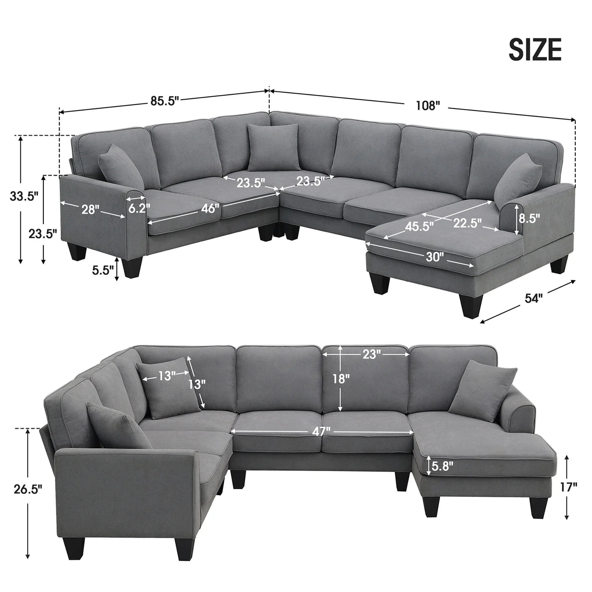 Harper & Bright Designs Modular Sectional Sofa with Ottoman Couch L Shape Corner Sofa Sets 7 Seats Fabric Couch for Living Room, Black, 112 * 87 inch
