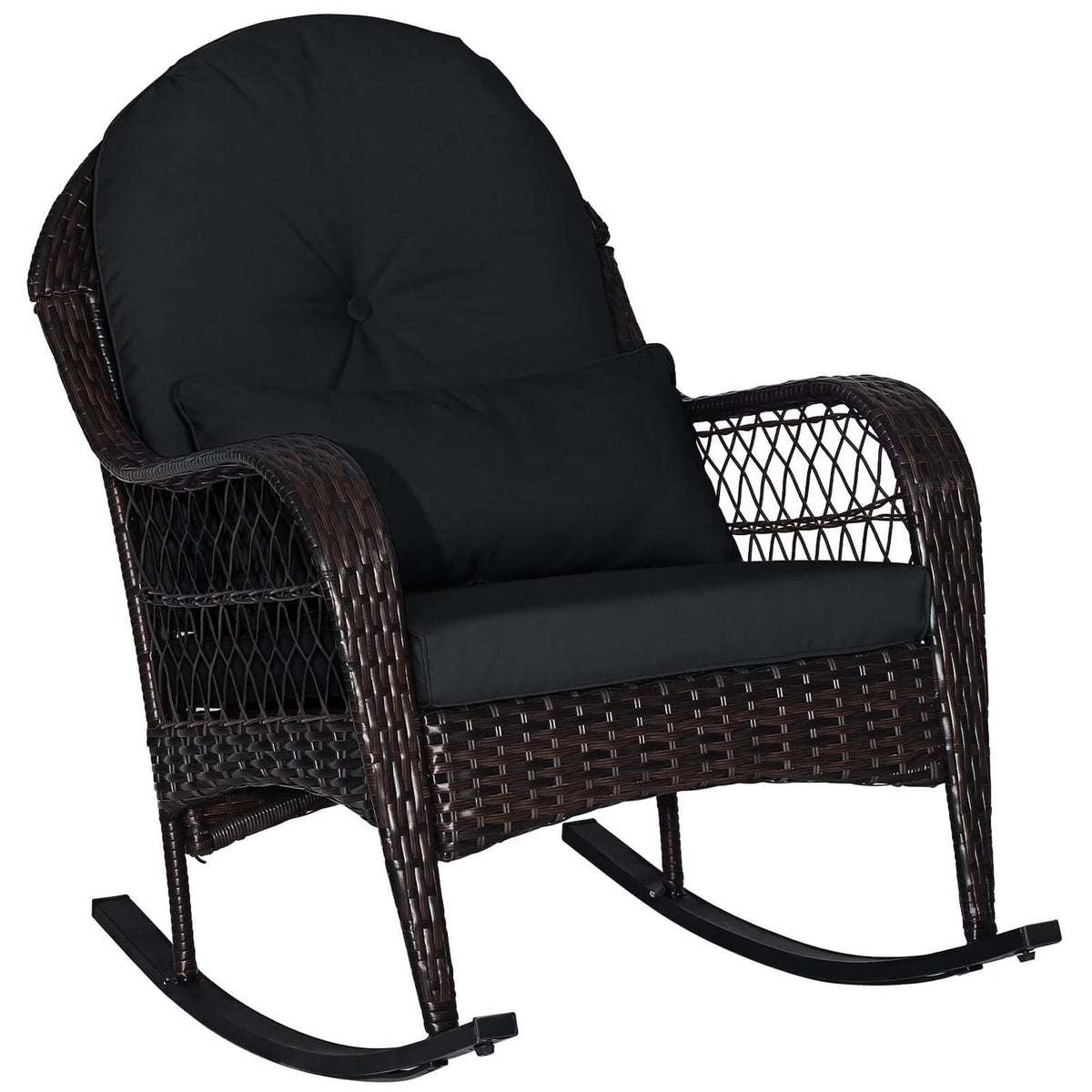 Costway Patio Wicker Rocking Chair W/Seat Back Cushions & Lumbar Pillow Porch Off White