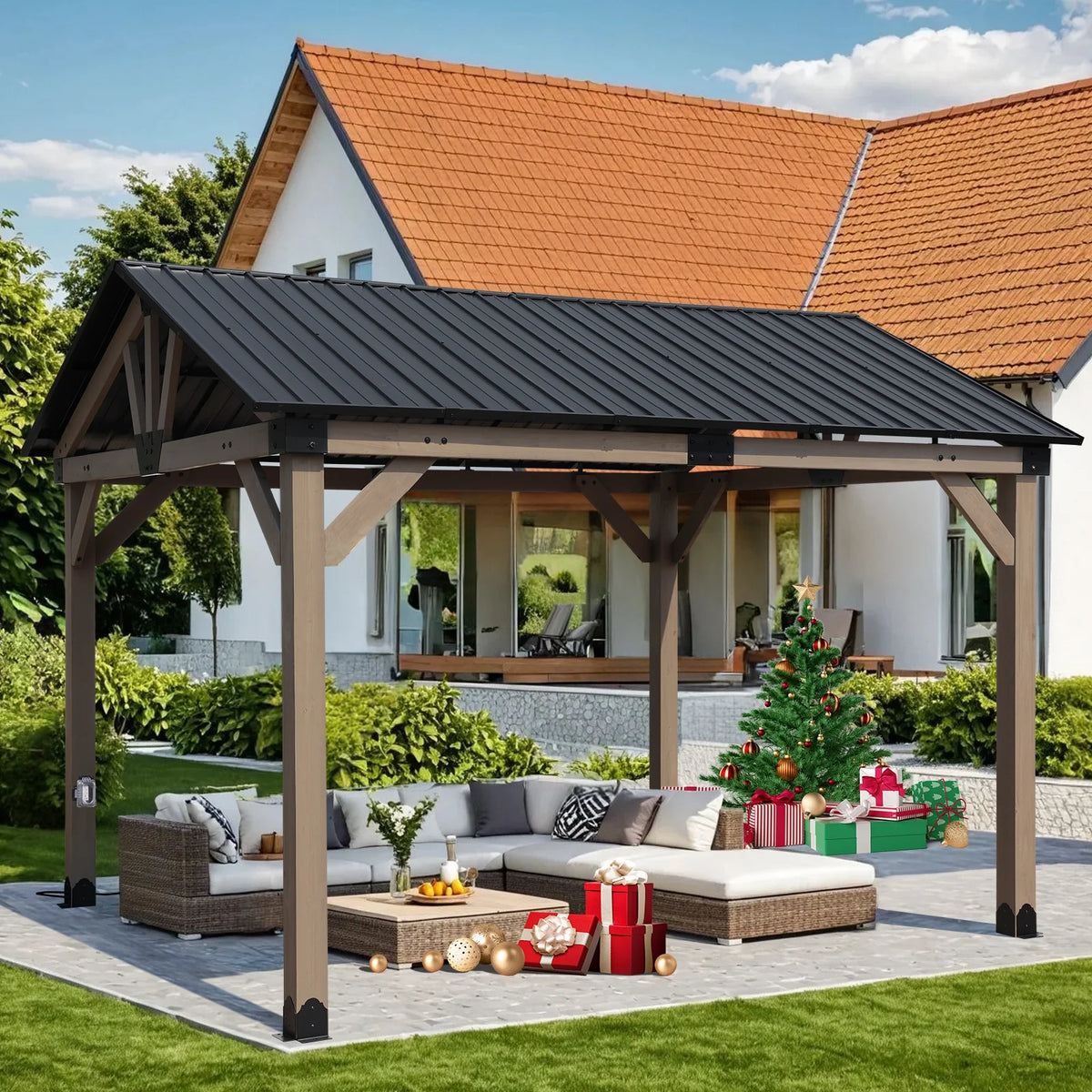 Aoodor 10 x 12 ft Wooden Frame Gazebo with 2-Tier Galvanized Metal Hardtop Roof, Outdoor Patio Gazebo with Charging Socket for Patio, Backyard, Deck, and Lawn
