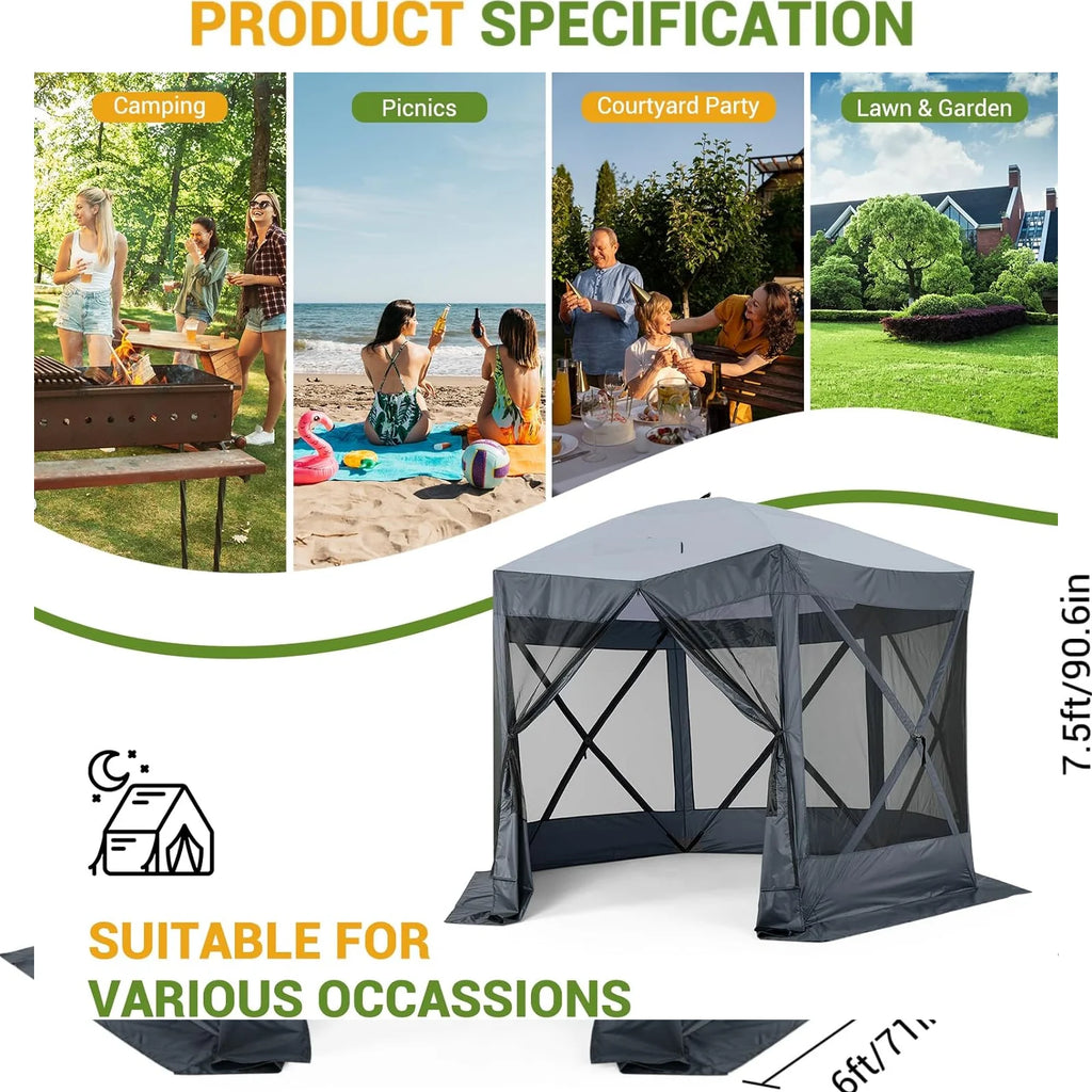 Pop Up Gazebo,Portable Outdoor Camping Canopy Screen Tent With Waterproof 6 Sidewalls&Mosquito Netting,Easy Up Windproof & Waterproof Party Tent For Lawn Garden Backyard,Grey/Brown