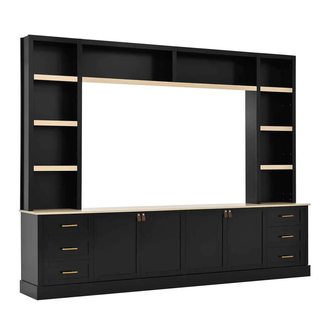 Euroco 102.3"W Farmhouse 4-Piece Entertainment Center Wall Unit with Adjustable Shelf, Modern Large TV Stand with Bookshelves