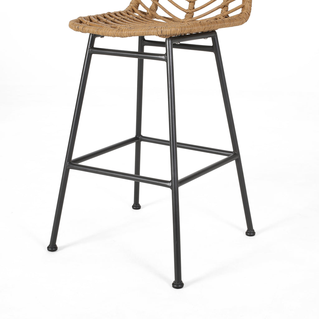 Dimitri Outdoor Wicker Barstools, Set of 2, Light Brown and Black