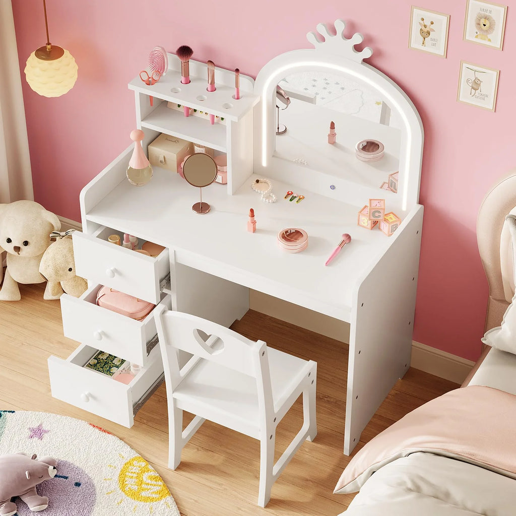 Yeshouse Princess Girls Makeup Vanity Table Set with Storage & Lights