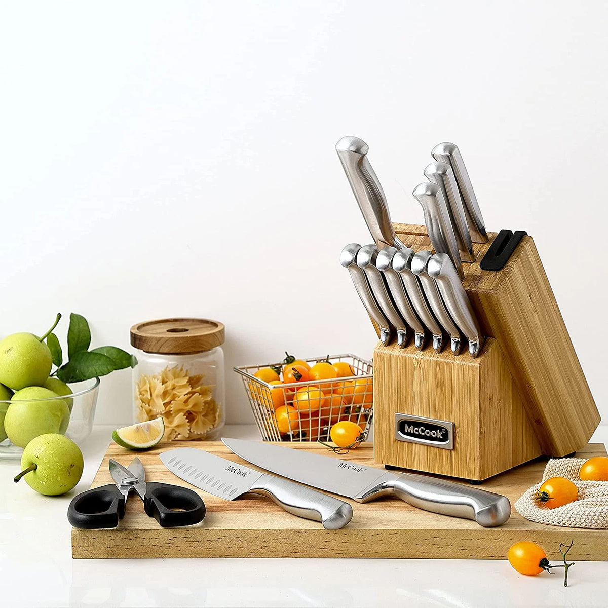 McCook MC29 Knife Sets, 15 Pieces German Stainless Steel Kitchen Knife Block Sets with Built-in Sharpener