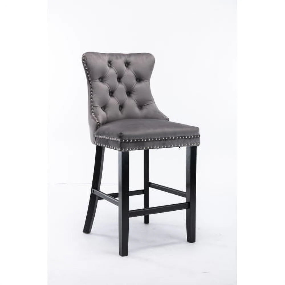 Velvet Bar Stools Set of 2, Upholstered Counter Height Bar Chair with Rivet and Button Trim, Bar Stool with Back and Footrest, for Dining Room, Kitchen, Pub, Gray