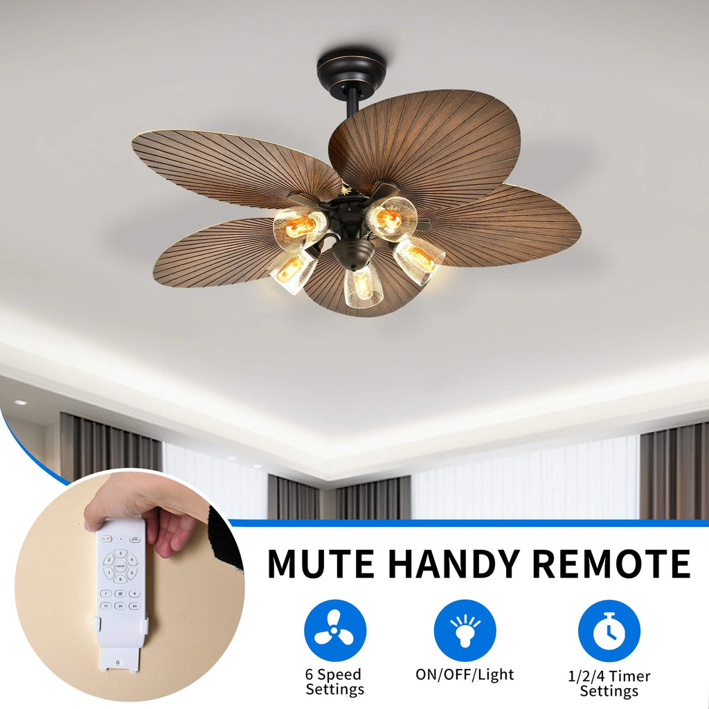 52 Inch Tropical Ceiling Fans with Light and Remote, Fan Light with Memory Function, 3 Speed & Lights Colors Changing, Outdoor Palm Leaf Fan - Brown